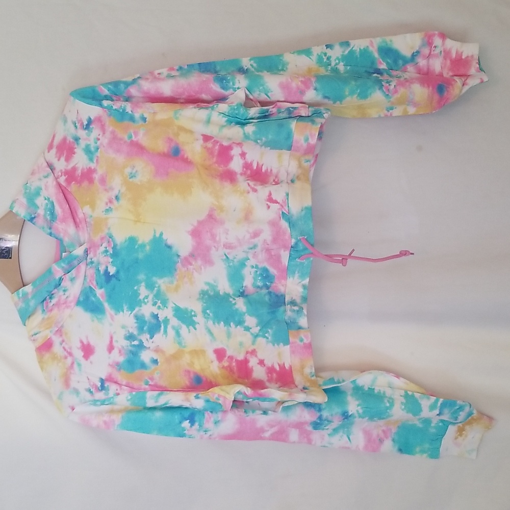 PASTEL PINK BLUE TIE DYE CROPPED HOODIE SWEATSHIRT COVERUP 100% COTTON